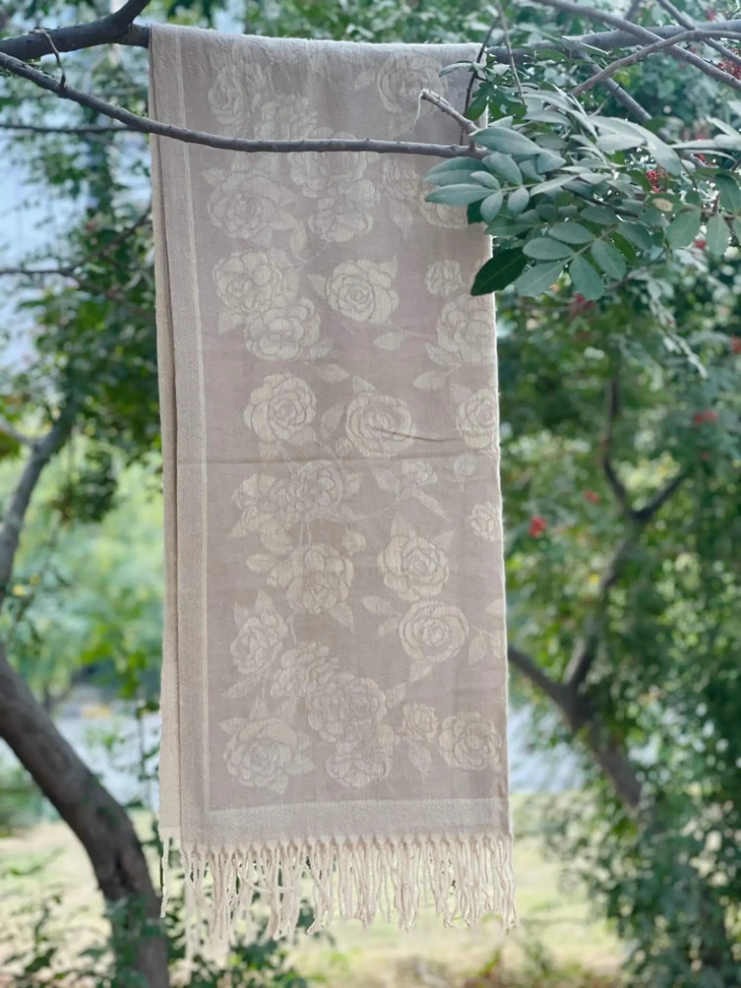 Beige Floral Cashmere Wool Hijab