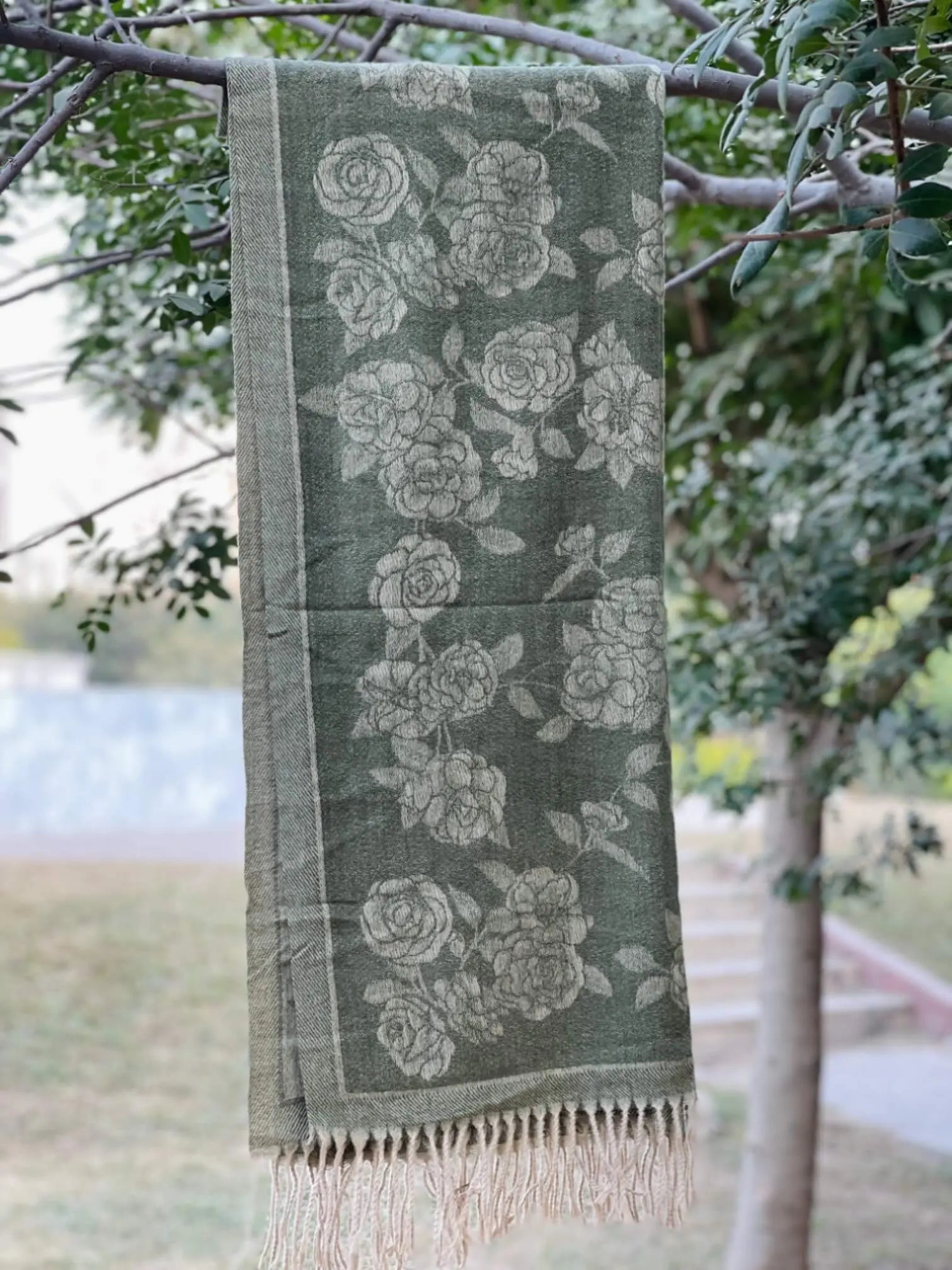 Green and Skin Floral Cashmere Wool Hijab