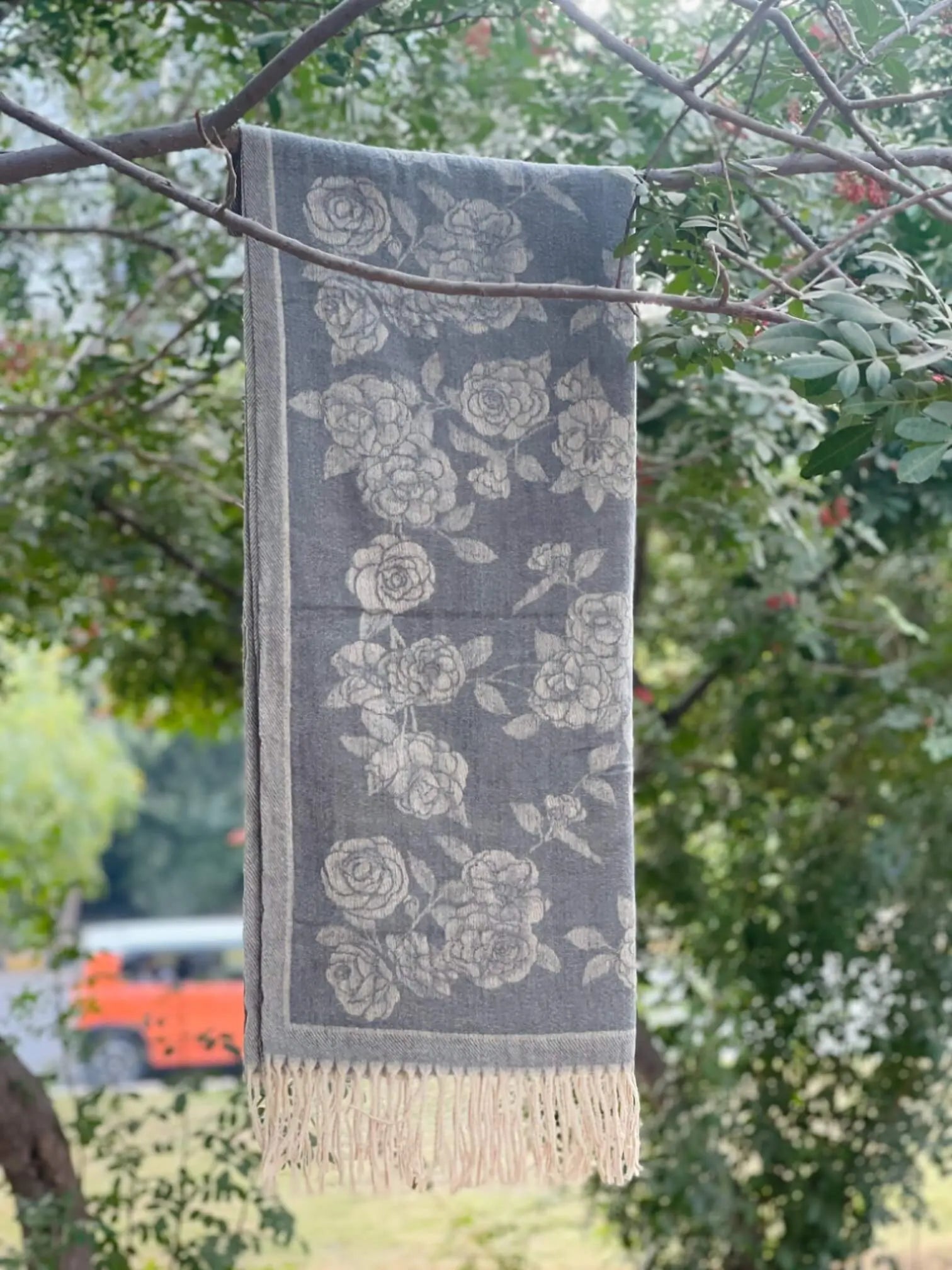 Grey Floral Cashmere Wool Hijab