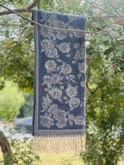 Navy Blue Floral Cashmere Wool Hijab