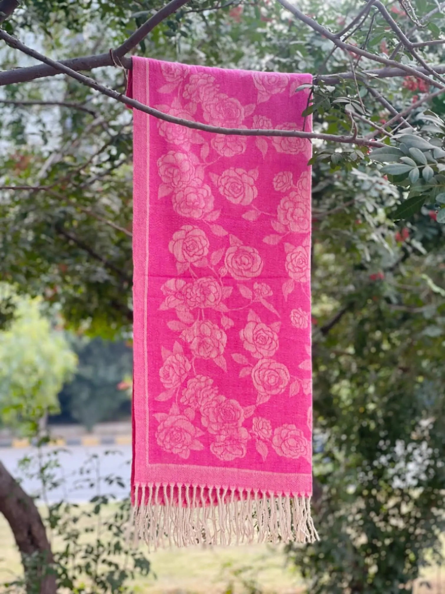 Shocking Pink Floral Cashmere Wool Hijab