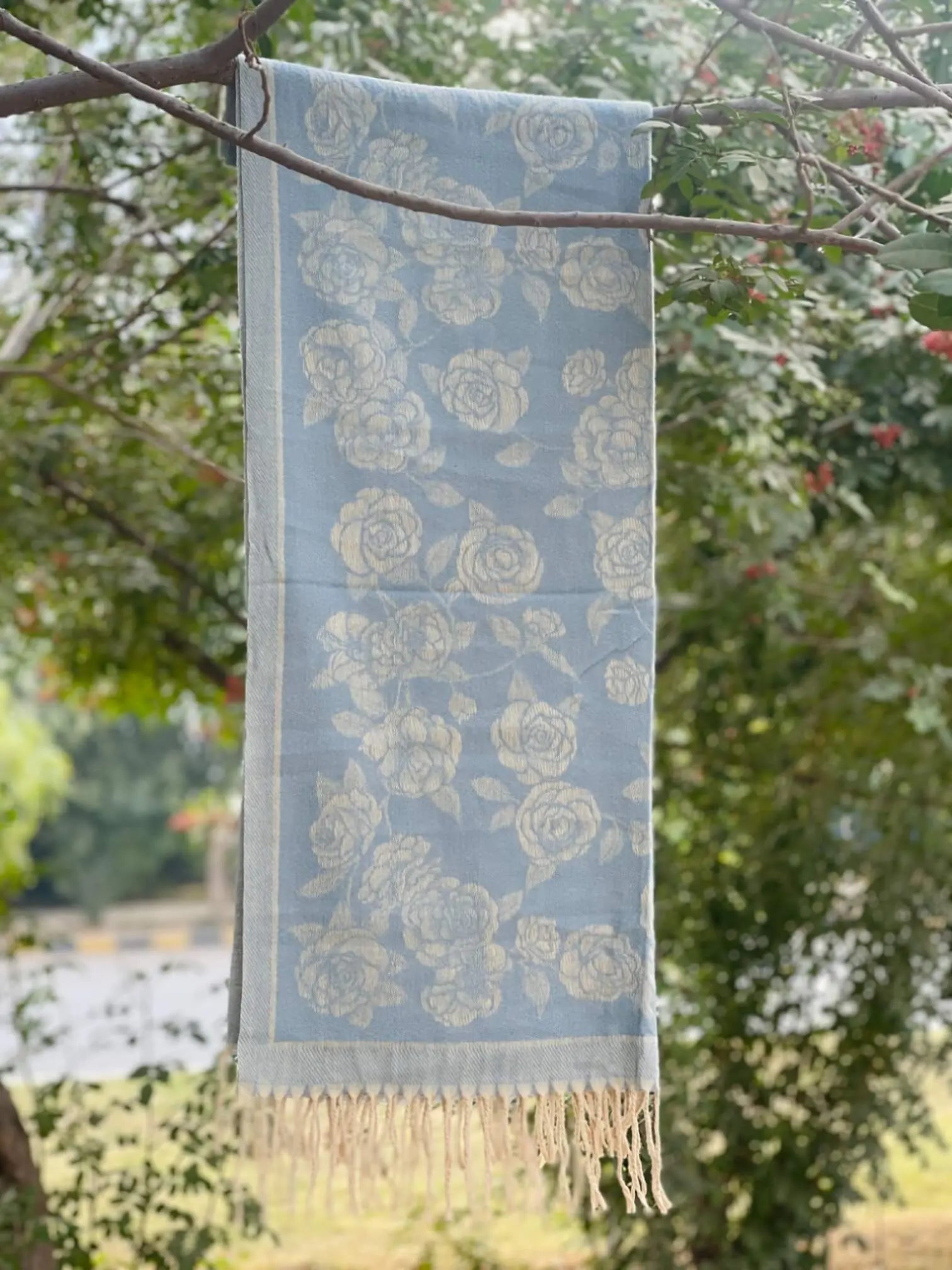 Sky Blue Floral Cashmere Wool Hijab